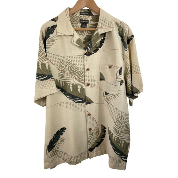 St. John's Bay Mens Size XL Washable Silk Tan Green Tropical Short Sleeve Shirt - Picture 1 of 8